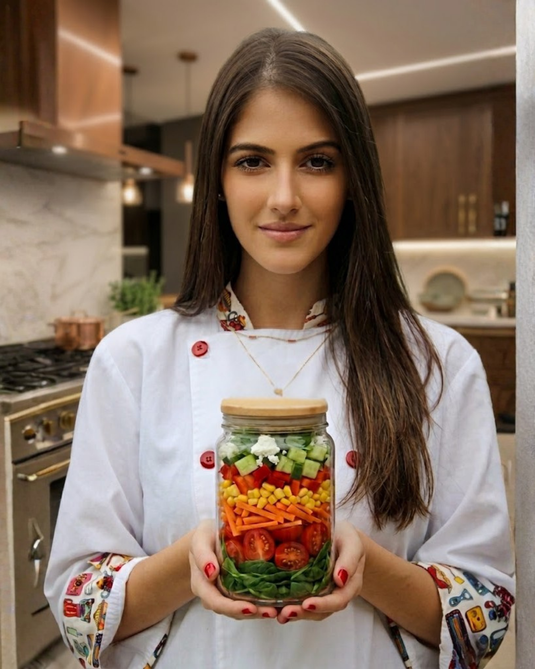 Chef Antonella Roweder segurando um pote de salada