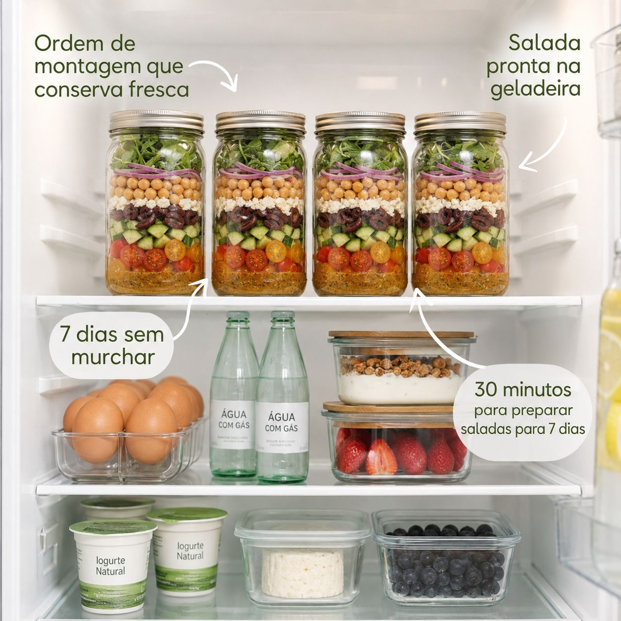 Saladas no pote organizadas na geladeira, prontas para 7 dias