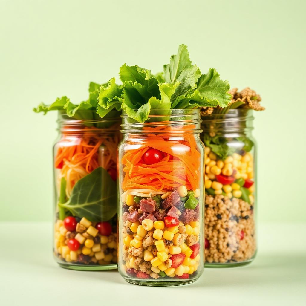 Três potes de vidro com Saladas coloridas em camadas